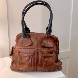 True Religion leather shoulder satchel purse | tan and black